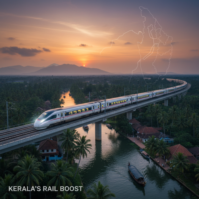 High-speed train on a bridge over a scenic river in Kerala with a subtle map overlay.