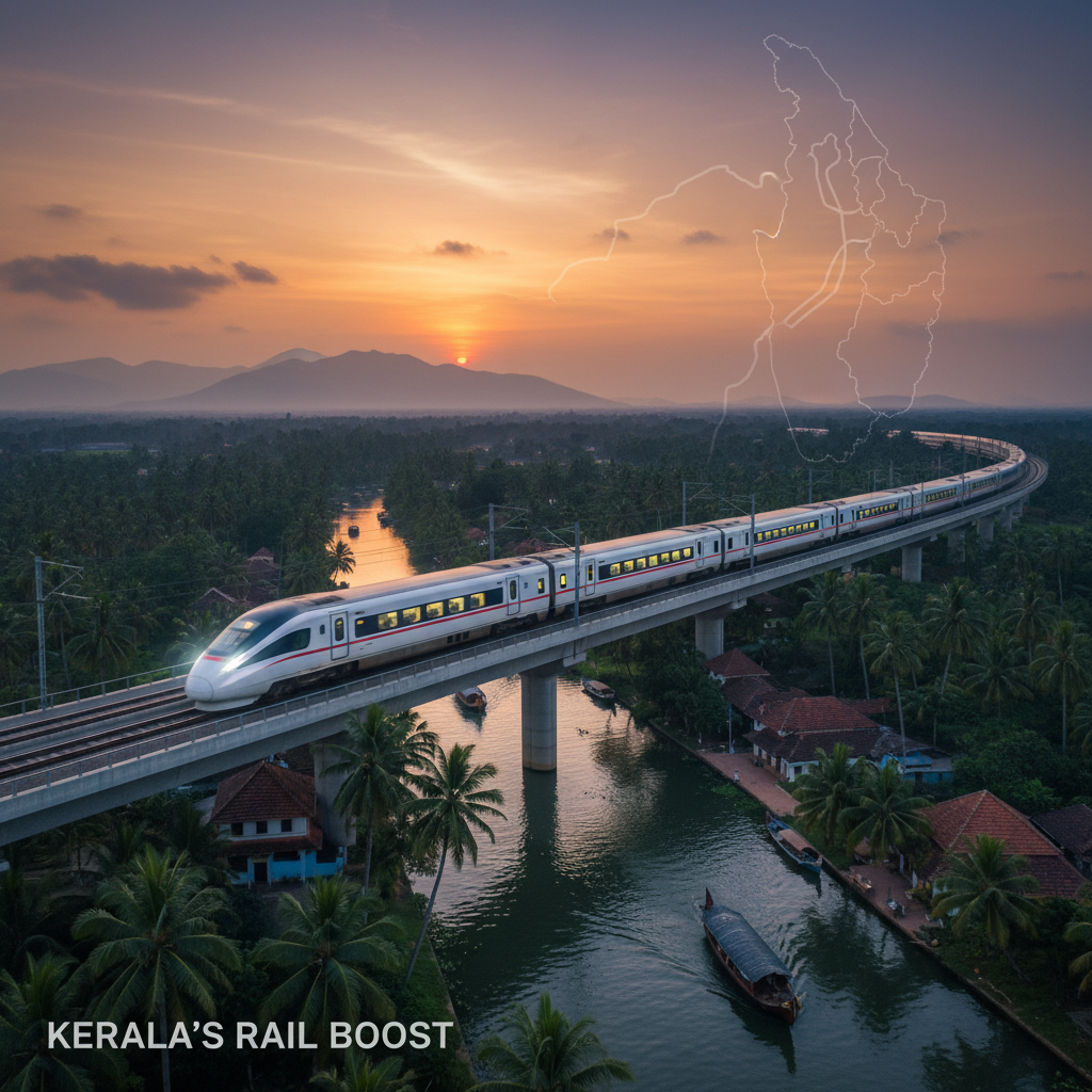 High-speed train on a bridge over a scenic river in Kerala with a subtle map overlay.