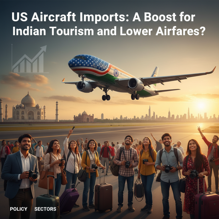 An airplane with US and Indian flags lands over the Taj Mahal, with tourists and city skyline.