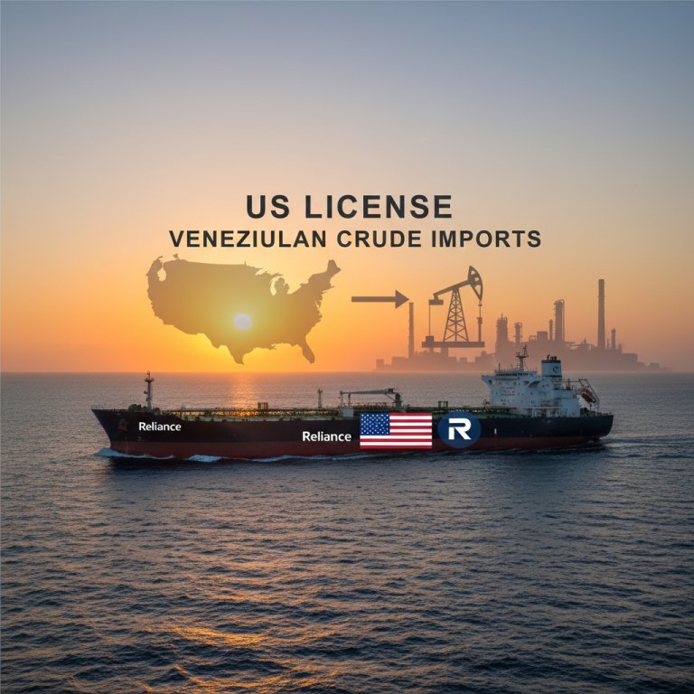 An oil tanker at sea with the US map and Venezuelan oil derricks, symbolizing the crude oil deal.