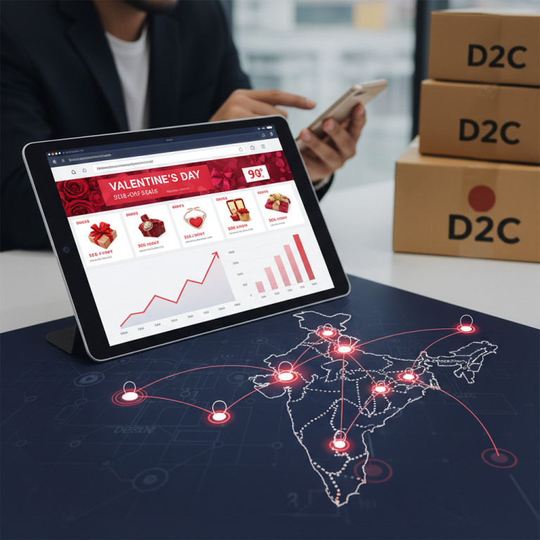 A digital tablet showing a Valentine's Day sales report with an upward trend, overlaid on a map of India highlighting connected cities.