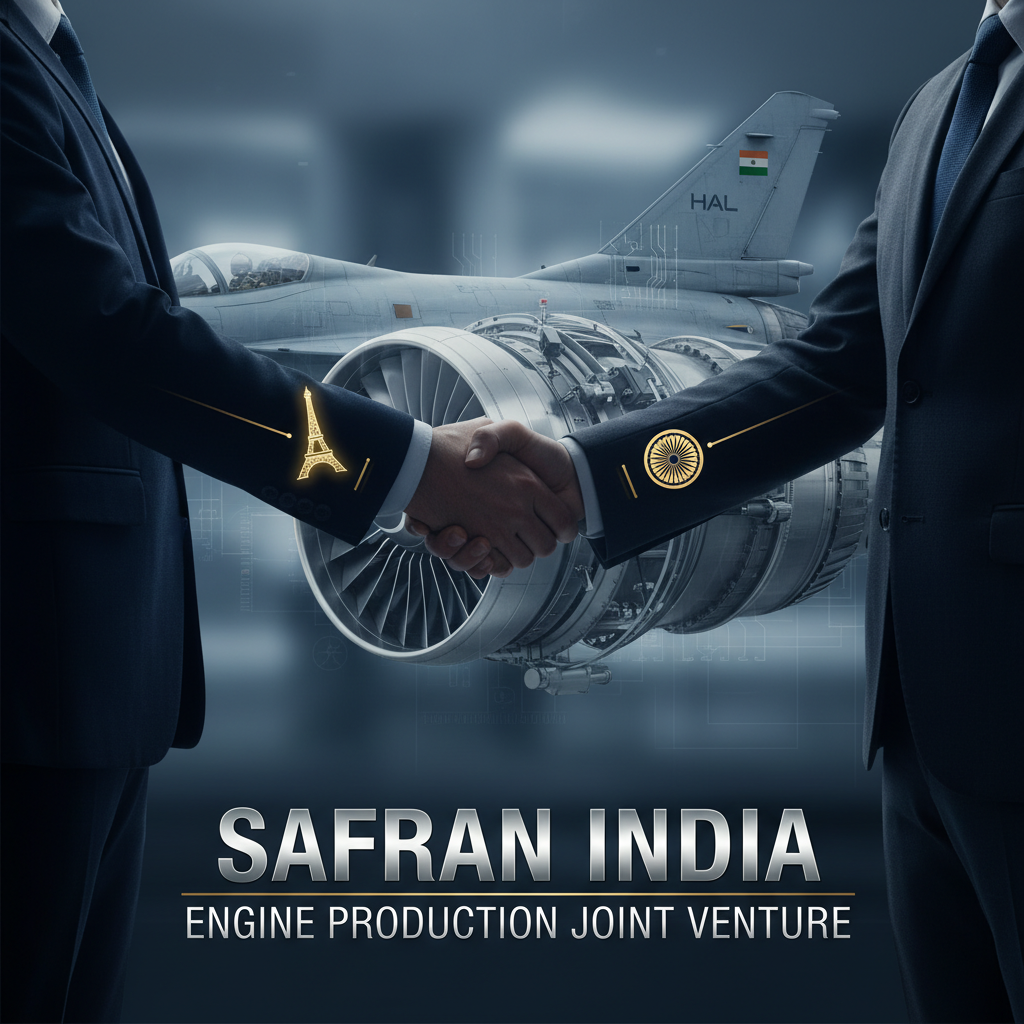 Two businessmen shaking hands, with an aircraft engine and jet in the background, symbolizing an aerospace partnership.