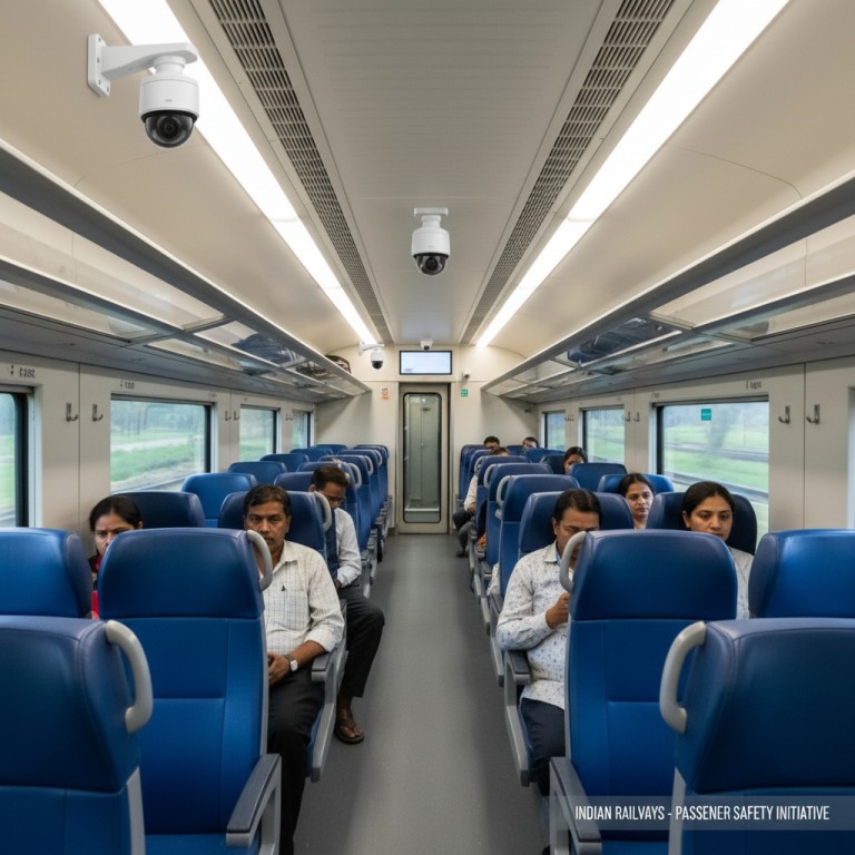 Interior of a modern Indian railway coach with passengers, showing newly installed CCTV cameras for enhanced safety.
