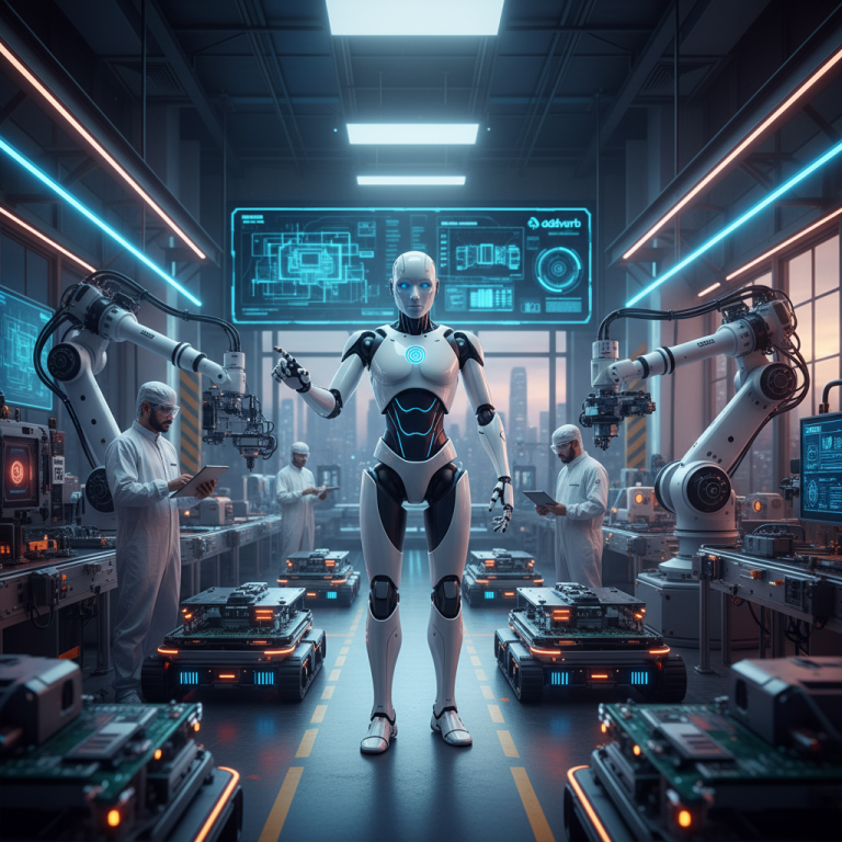 A humanoid robot stands centrally in a futuristic factory with human technicians and robotic arms.