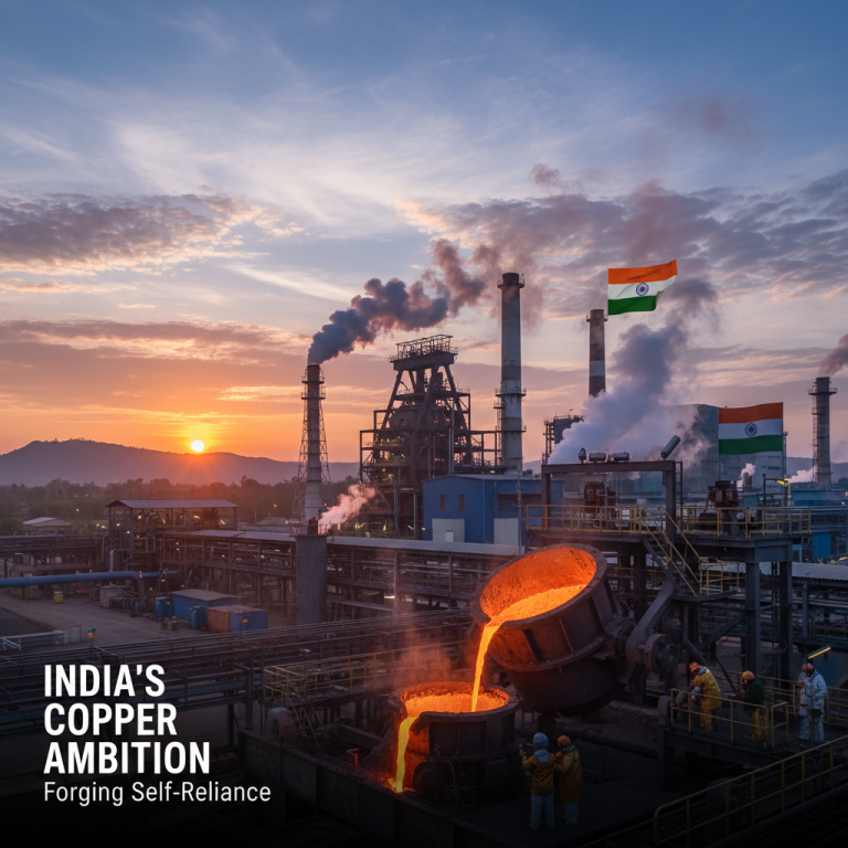 A vibrant copper smelting plant at sunset with the Indian flag waving, symbolizing industrial growth and self-reliance.