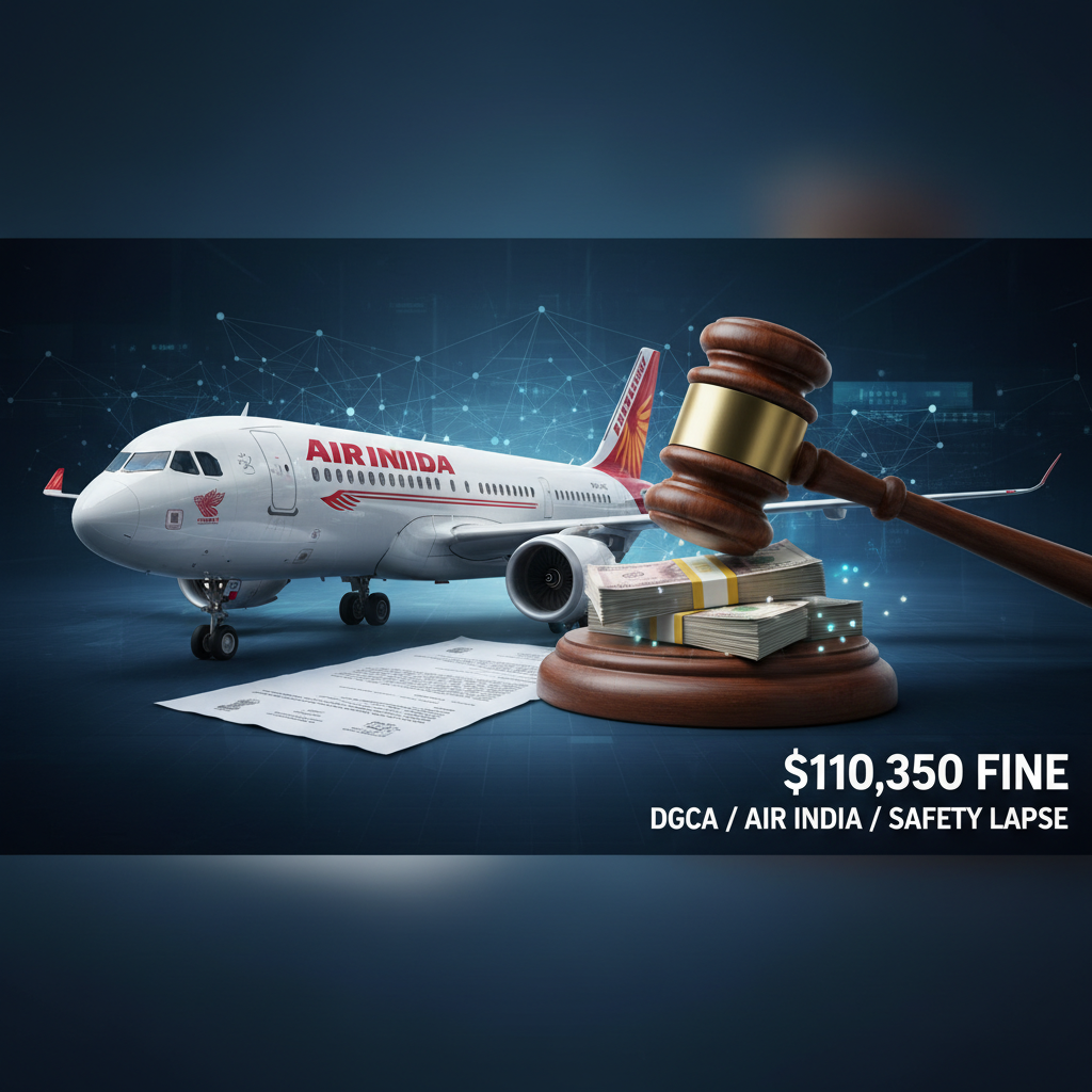 An Air India plane, legal gavel, and stacks of money on a document, symbolizing the DGCA fine for a safety lapse.