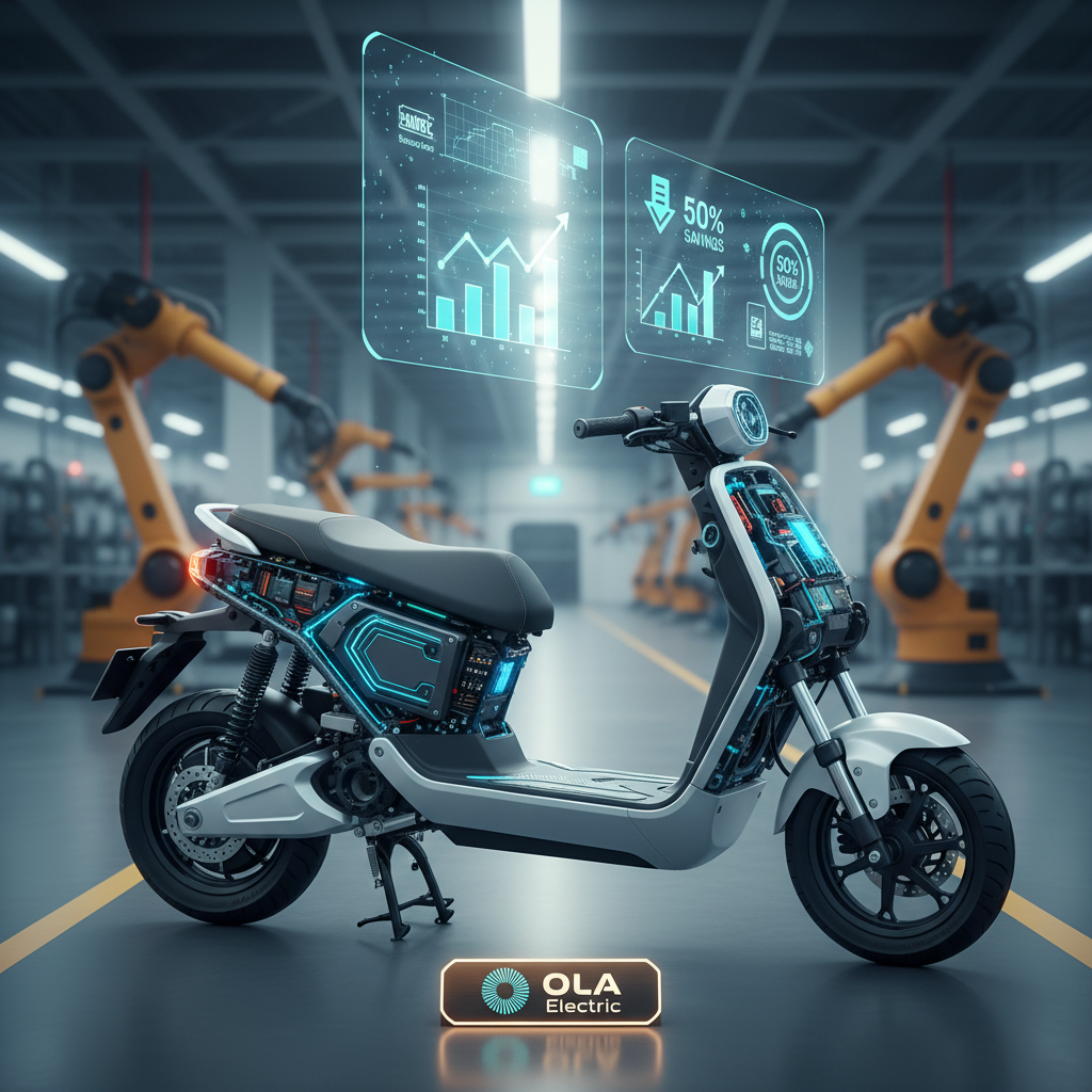 A high-tech Ola electric scooter in a futuristic factory, with holographic data visualizations showing 50% cost savings.
