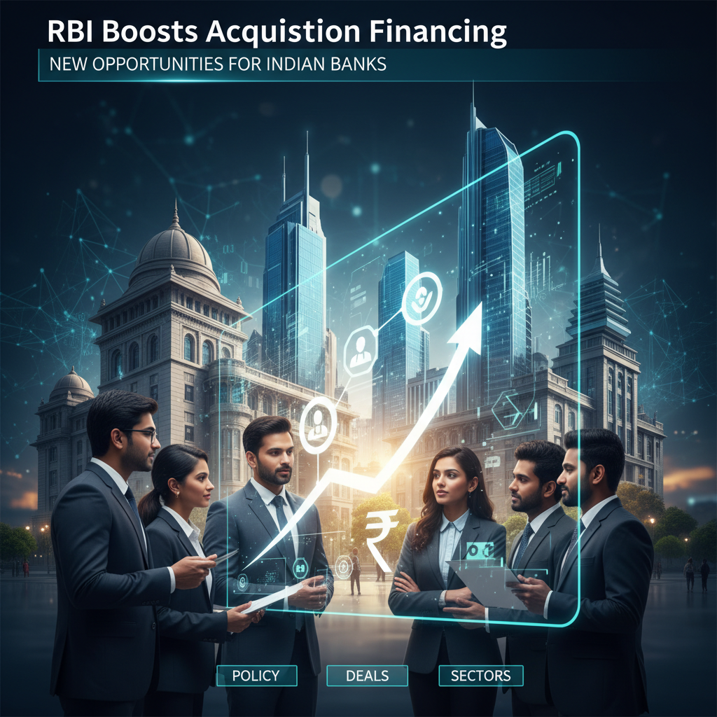 Professionals discussing finance with a city skyline and growth chart, symbolizing RBI's policy on acquisition financing.