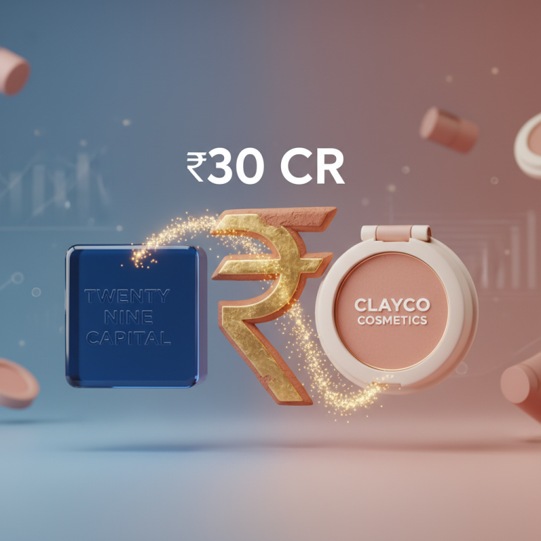 A professional visual representing ClayCo Cosmetics' ₹30 Cr funding round, with logos and Indian Rupee symbol.