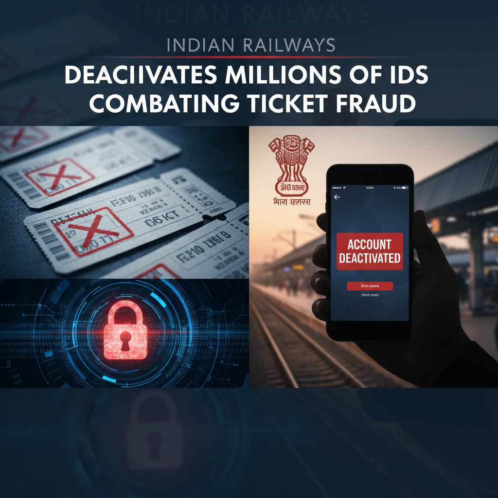 A collage of Indian Railways-themed images with text, displaying deactivated IDs, ticket fraud, and digital security measures.