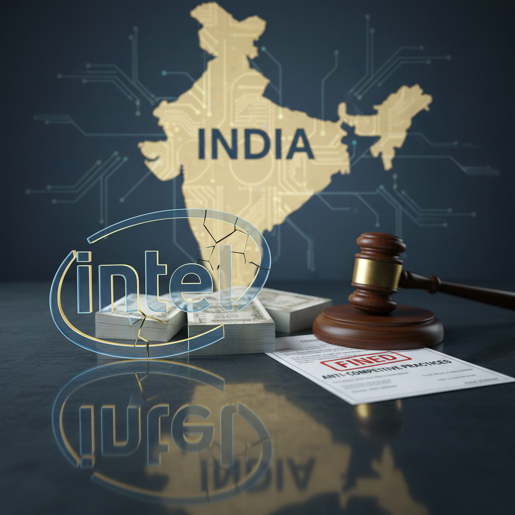 A gavel, stacks of Indian rupees, a "FINED" document, and a broken Intel logo against a map of India.