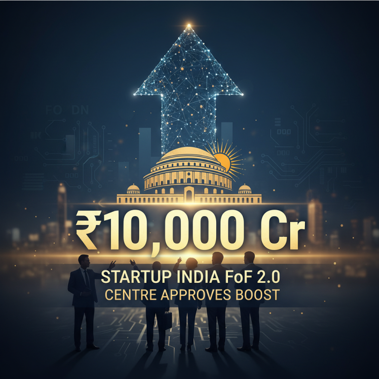 An image symbolizing growth and investment with a prominent ₹10,000 Cr, Startup India, and Indian Parliament.