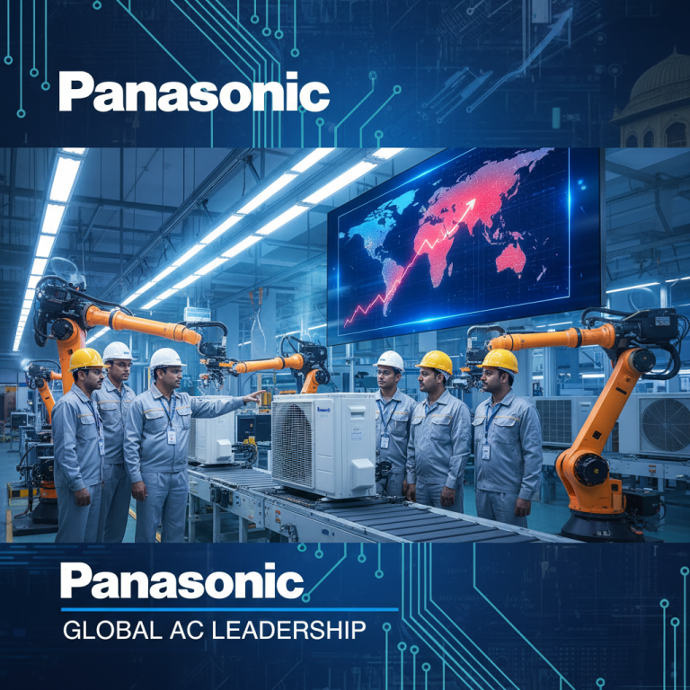 Panasonic manufacturing plant with workers, robotic arms, and a world map showing growth.