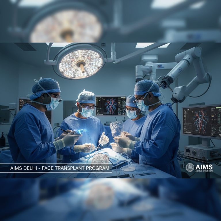 Surgeons at AIIMS Delhi performing a face transplant in a high-tech operating room.