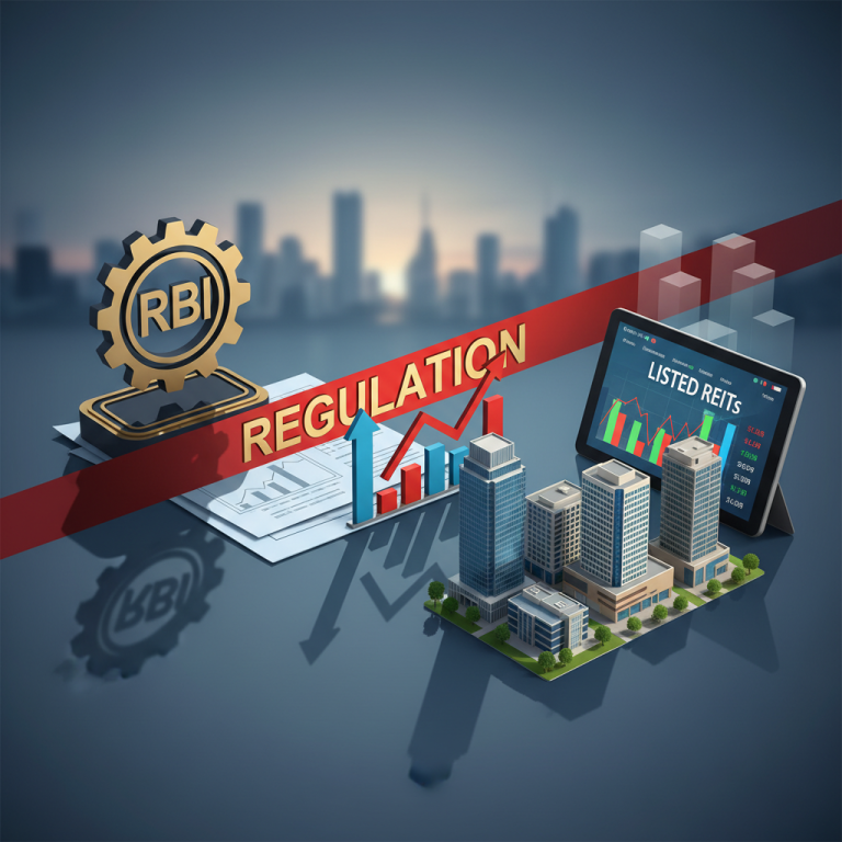 An image representing RBI regulations impacting REITs, featuring a gear, a red "REGULATION" banner, and city buildings.