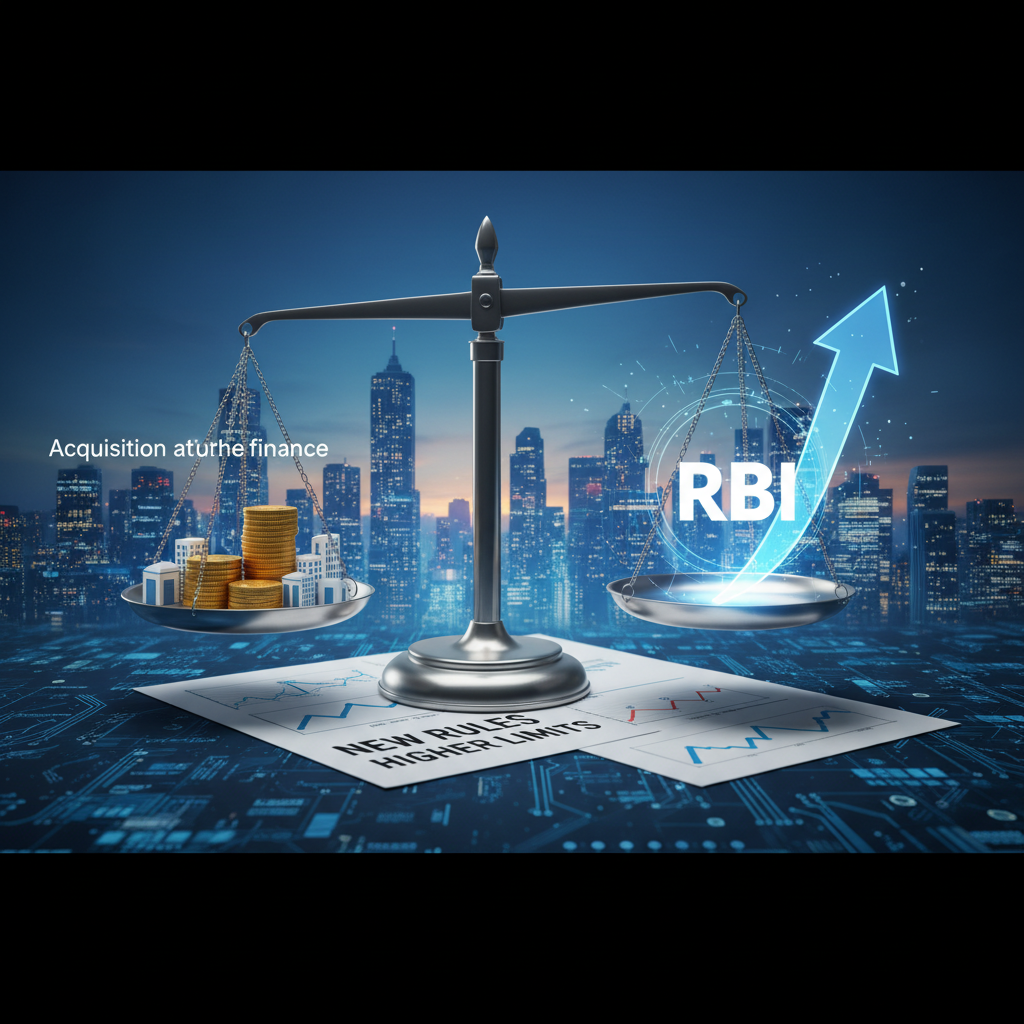 A scale with "Acquisition finance" on one side and "RBI" with an upward arrow on the other, set against a city skyline.