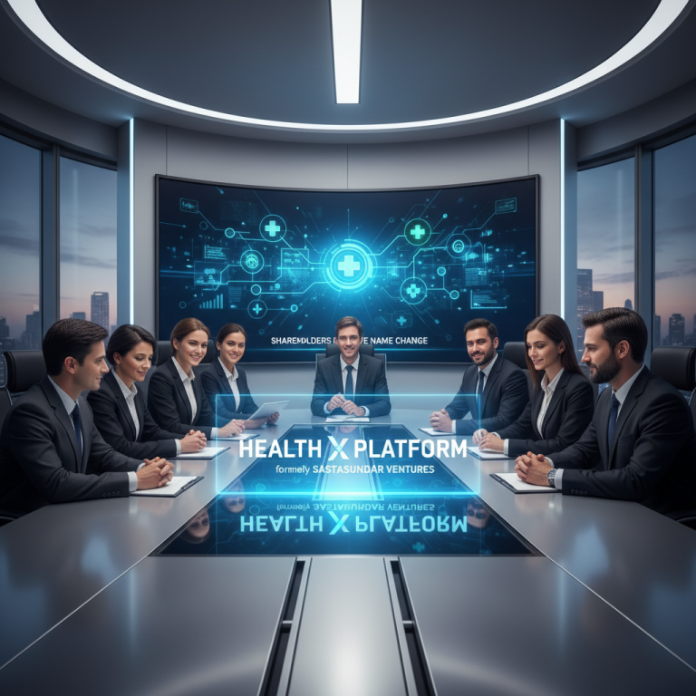A group of professionals in suits around a futuristic conference table with "HEALTH X PLATFORM" glowing.