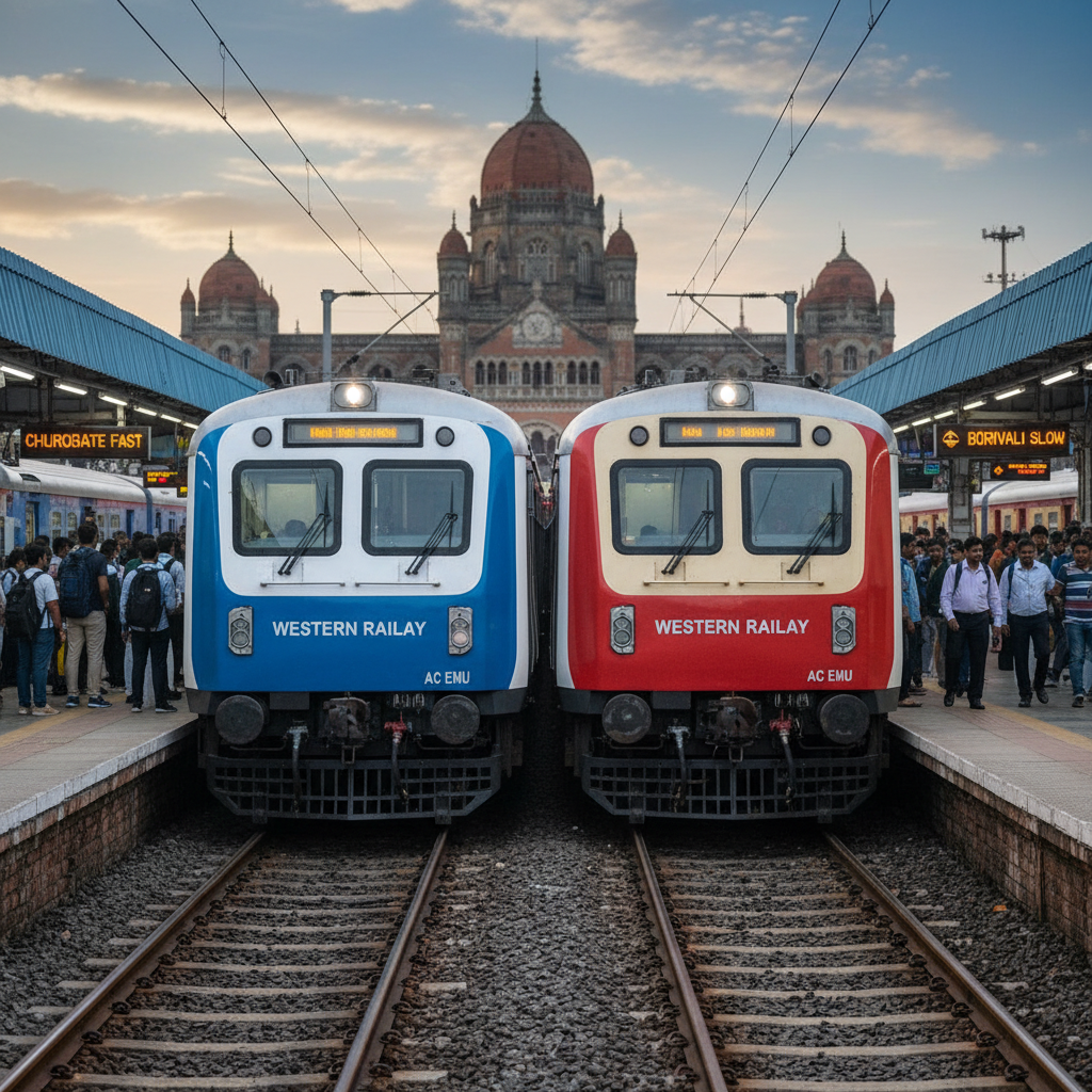 Two Mumbai Western Railway trains, one blue and one red, at a bustling platform with Chhatrapati Shivaji Terminus in the background.