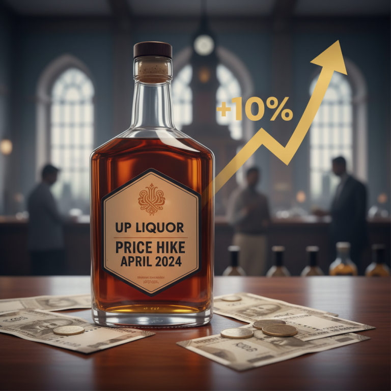 A bottle of liquor with "UP LIQUOR PRICE HIKE APRIL 2024" label, surrounded by Indian currency, and an upward arrow graph.