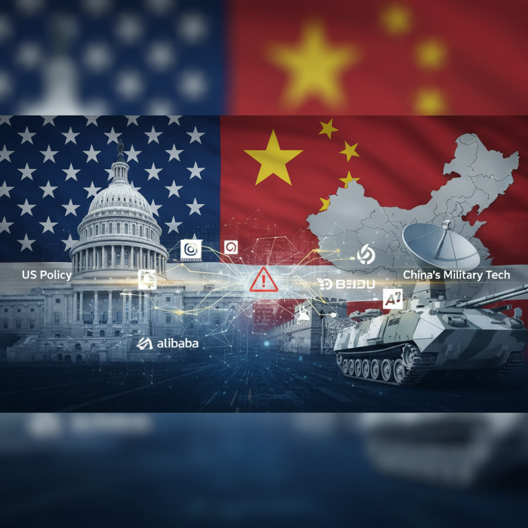 A visual representation of US policy impacting Chinese tech companies like Alibaba and Baidu, linked to China's military.