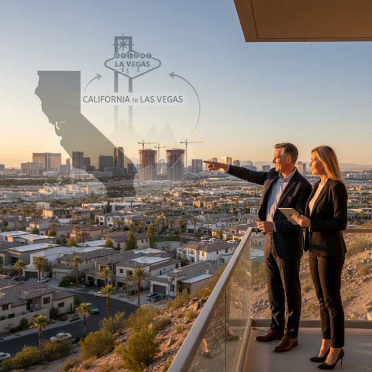 Two professionals on a balcony overlooking Las Vegas at sunset, pointing at the city. A graphic overlay shows a map of California, the Welcome to Las Vegas sign, and arrows suggesting migration.