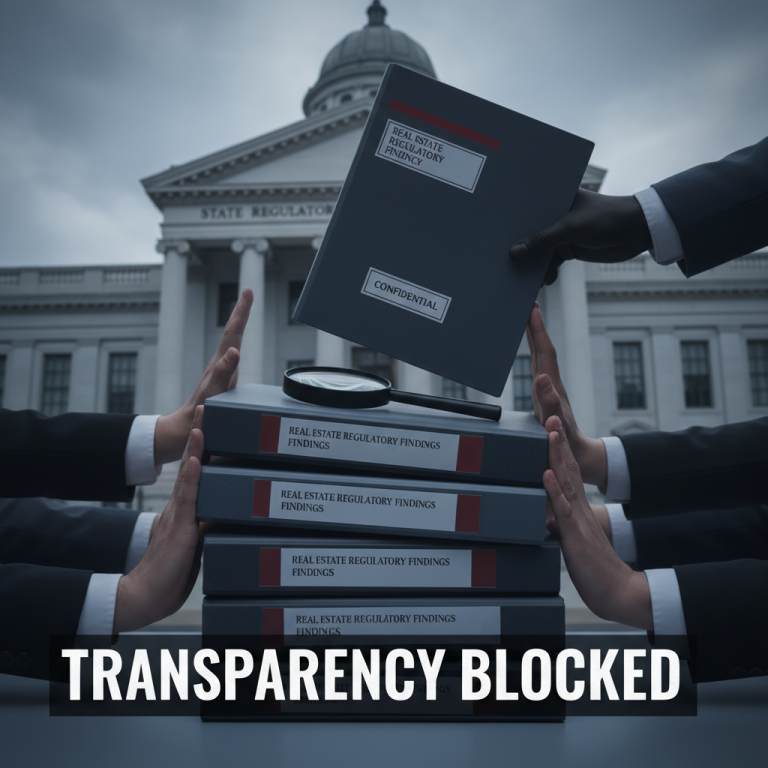 Hands block a stack of "Real Estate Regulatory Findings" reports, with a "Confidential" file handed over, in front of a government building.