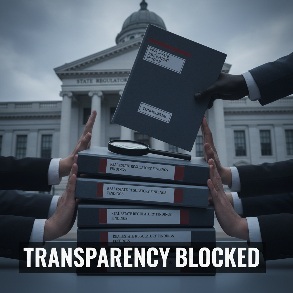 Hands block a stack of "Real Estate Regulatory Findings" reports, with a "Confidential" file handed over, in front of a government building.