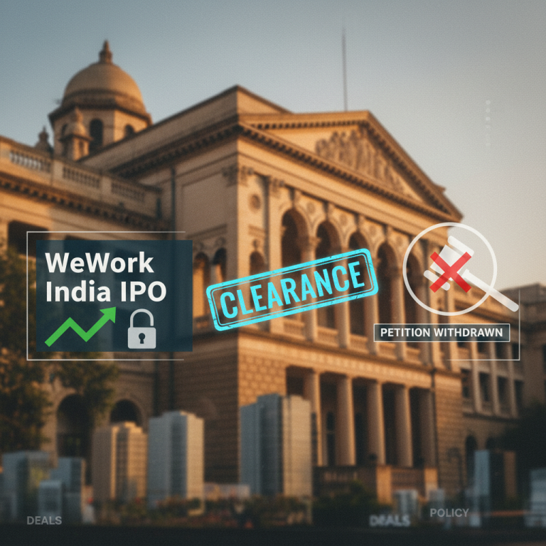 A professional image depicting the Bombay High Court building with graphical overlays symbolizing IPO clearance and a withdrawn petition.