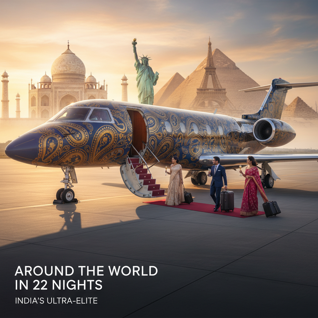 A luxurious private jet with Indian passengers on a red carpet, with global landmarks in the background.