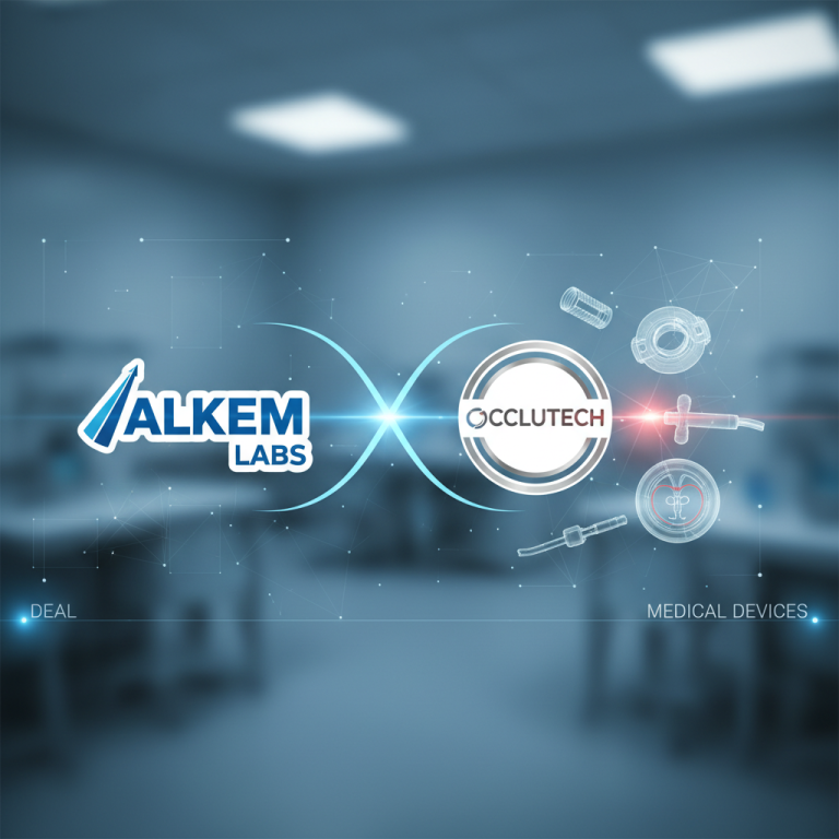 A professional visual representing Alkem Labs and Occlutech logos merging, with medical devices symbolizing their collaboration.
