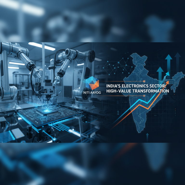 Robotic arms assemble circuit boards, symbolizing advanced electronics manufacturing and growth in India.