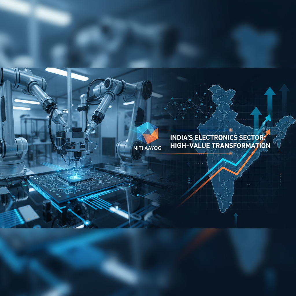 Robotic arms assemble circuit boards, symbolizing advanced electronics manufacturing and growth in India.