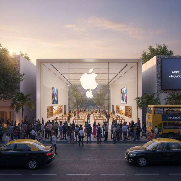 An Apple retail store in Mumbai, India, with a large Apple logo and many customers inside and outside.