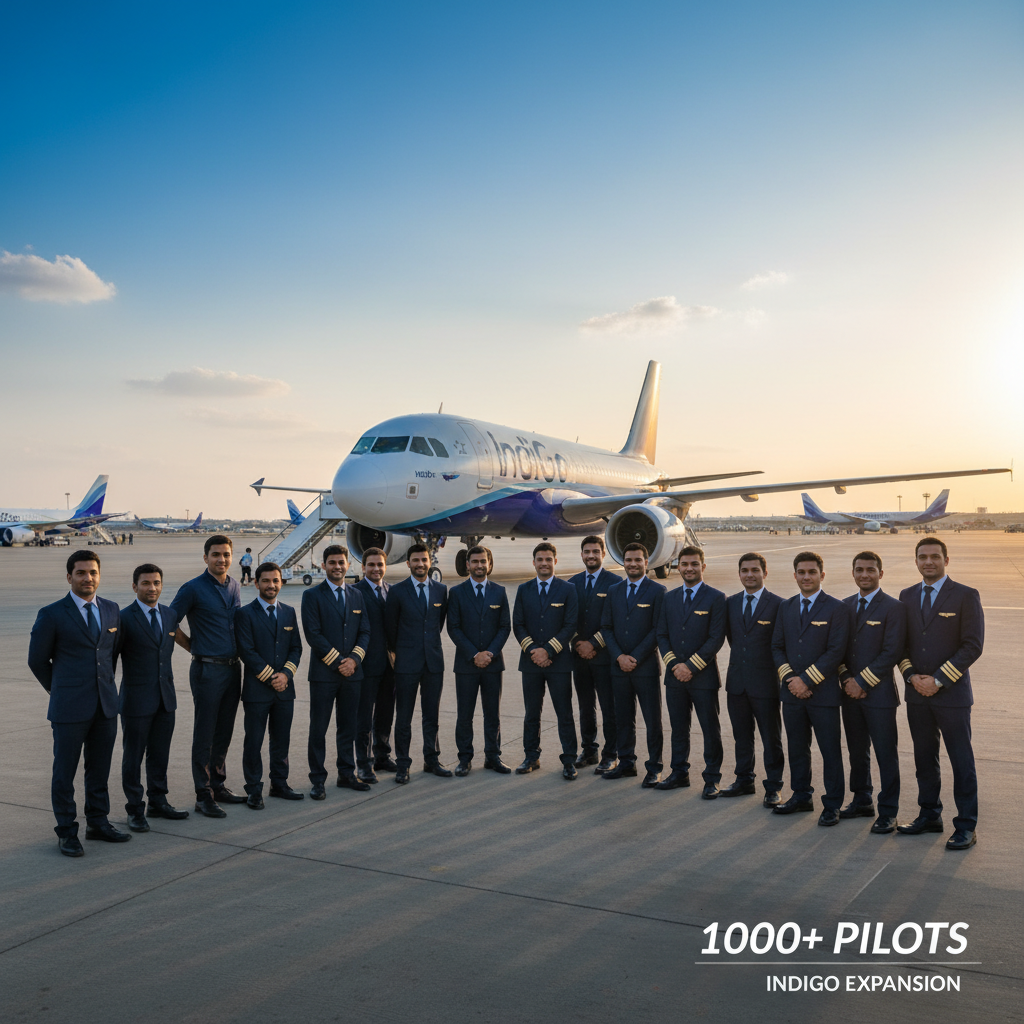 A group of IndiGo pilots standing in front of an aircraft on the tarmac, with a sunny sky.