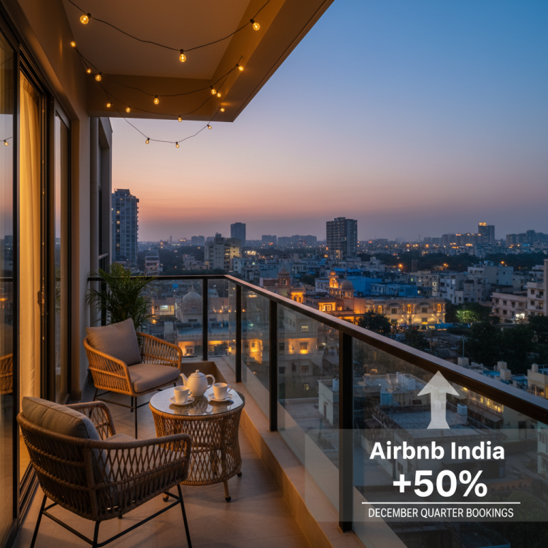 A luxurious Airbnb balcony overlooks a vibrant Indian city at dusk, with "Airbnb India +50% December Quarter Bookings" text overlay.