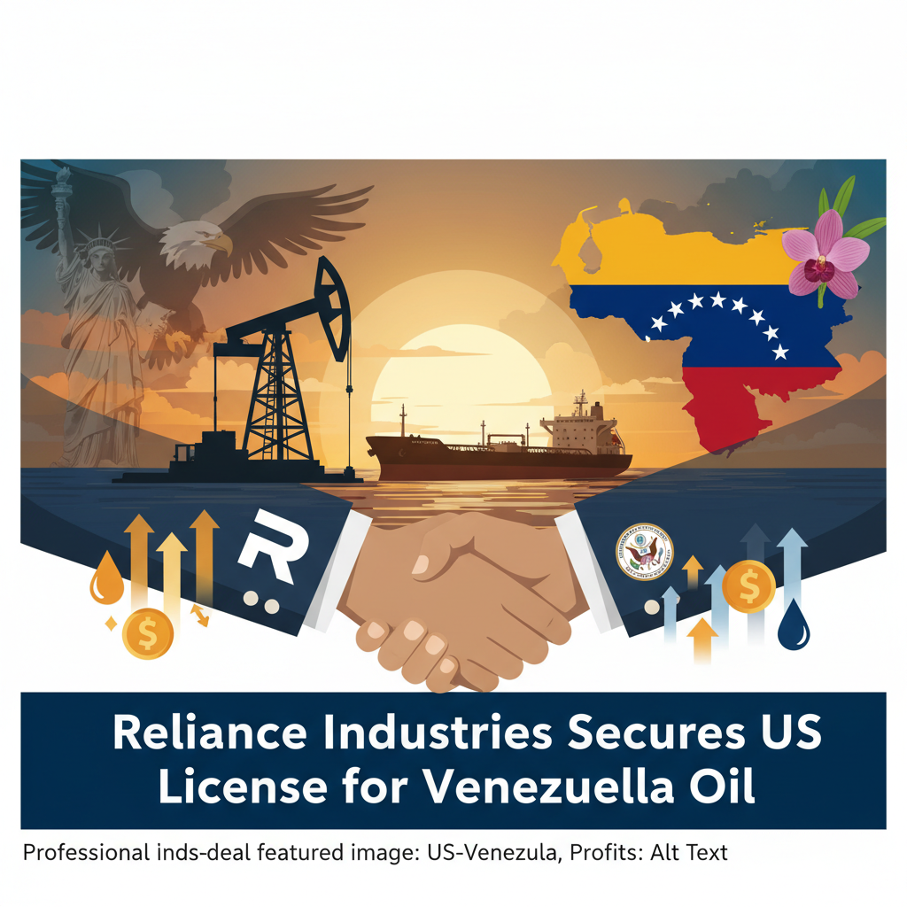 Illustration of a handshake over an oil tanker, with US and Venezuelan symbols, representing a trade deal.