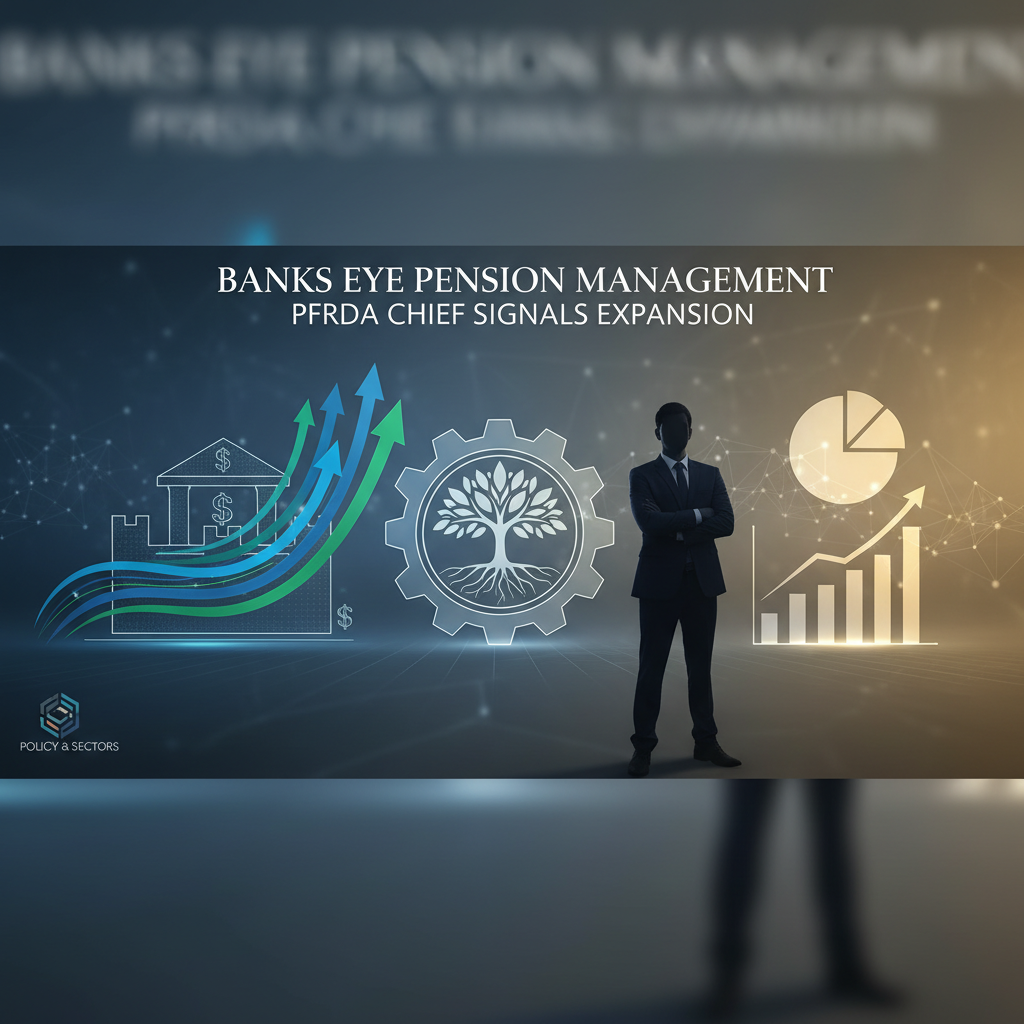 A professional visual representing banks eyeing pension management with growth charts and a confident businessman.