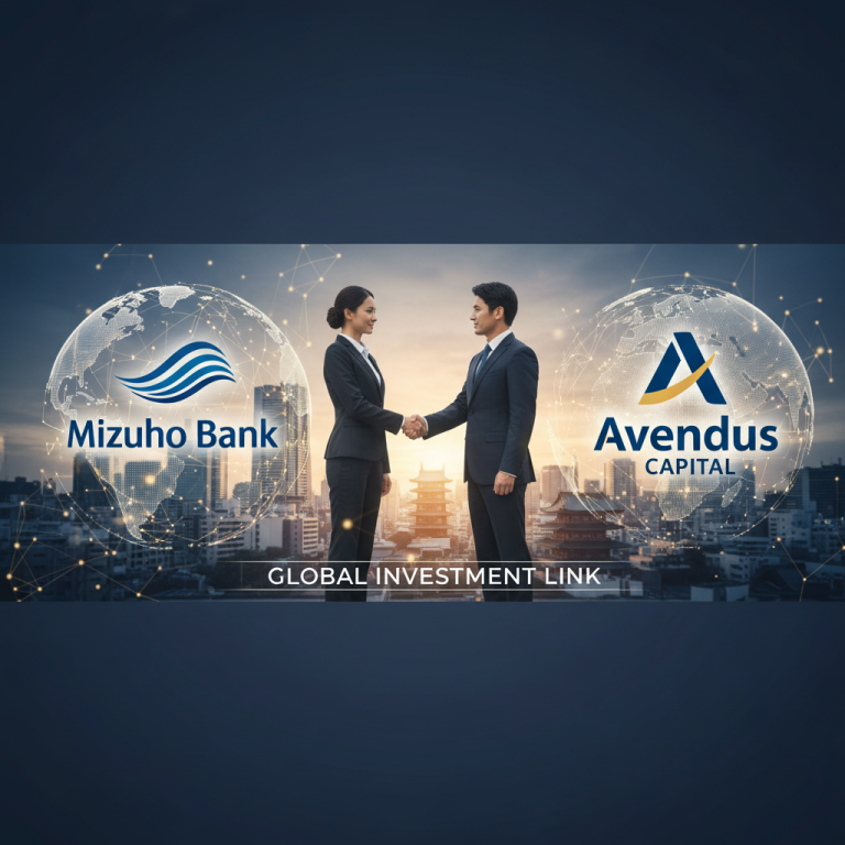 Two professionals shaking hands in front of a city skyline with global investment network overlays.
