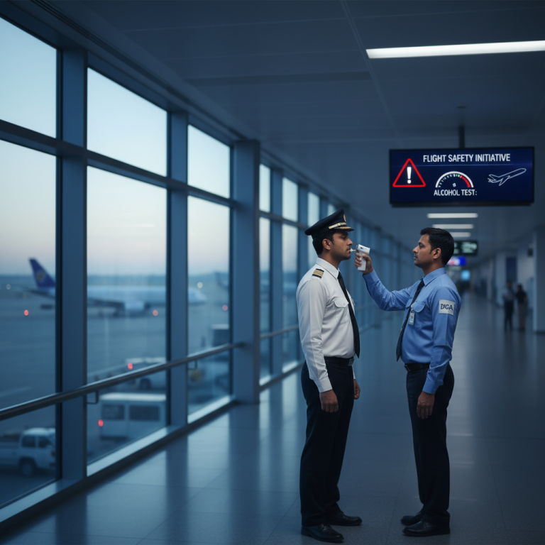A pilot undergoing a breathalyzer test by a DGCA official at an airport, with a "Flight Safety Initiative" sign.