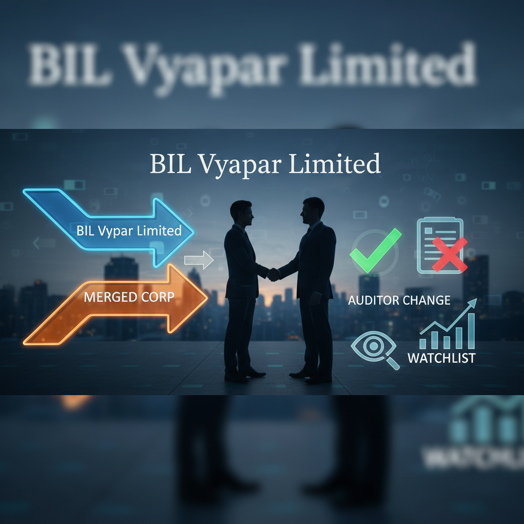 Two businessmen shaking hands with arrows indicating a merger, icons for auditor change and a financial watchlist.