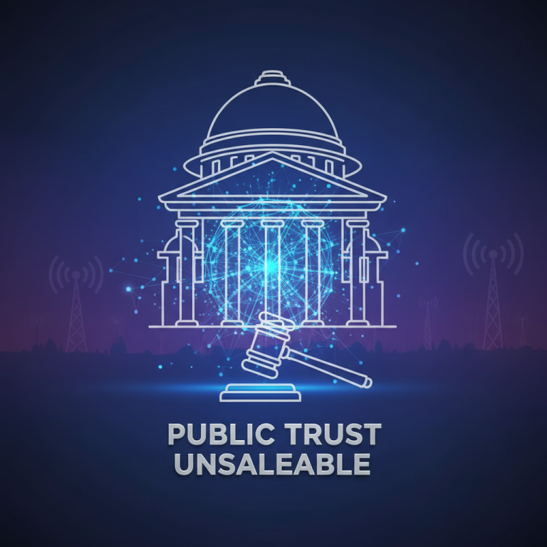 An illustration showing a courthouse, a gavel, and network symbols, representing the Supreme Court's ruling on telecom spectrum.