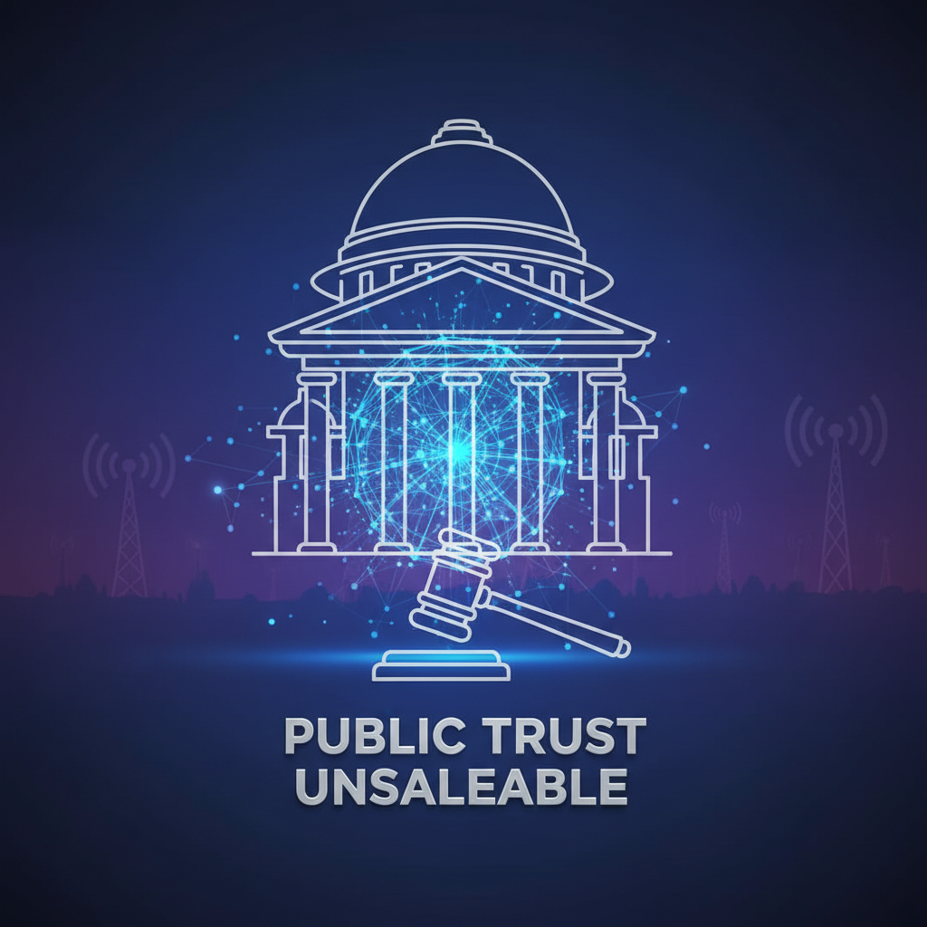 An illustration showing a courthouse, a gavel, and network symbols, representing the Supreme Court's ruling on telecom spectrum.