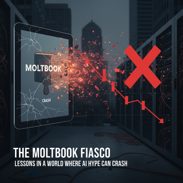 A shattered tablet with "Moltbook Crash" on screen, exploding data, a downward graph, and a red "X" symbolizing failure.