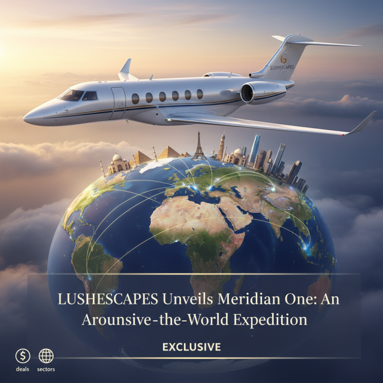 A sleek private jet, branded "Lushescapes," flies above a globe dotted with famous landmarks at sunset.