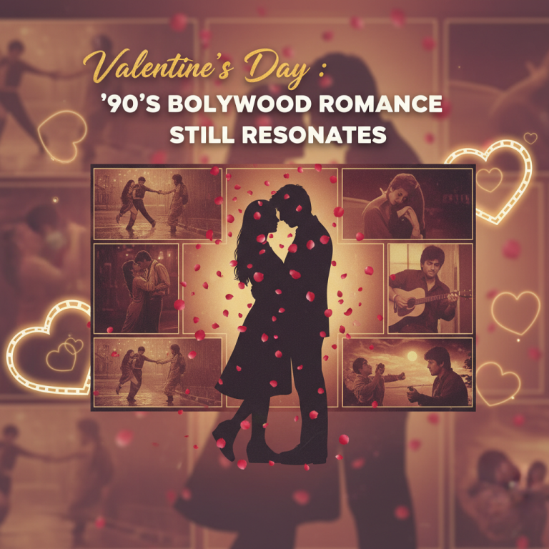 A collage of iconic 90s Bollywood romantic movie scenes with a central silhouette of a couple and falling rose petals.