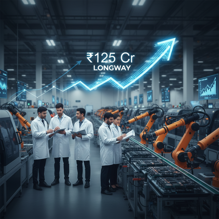 Professionals in a modern electronics factory with robotic arms, overlaid with a glowing upward trend line and "₹125 Cr LONGWAY".