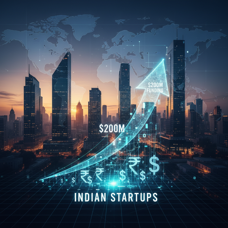 A modern cityscape with a rising financial graph overlay, symbolizing growth and investment in Indian startups.
