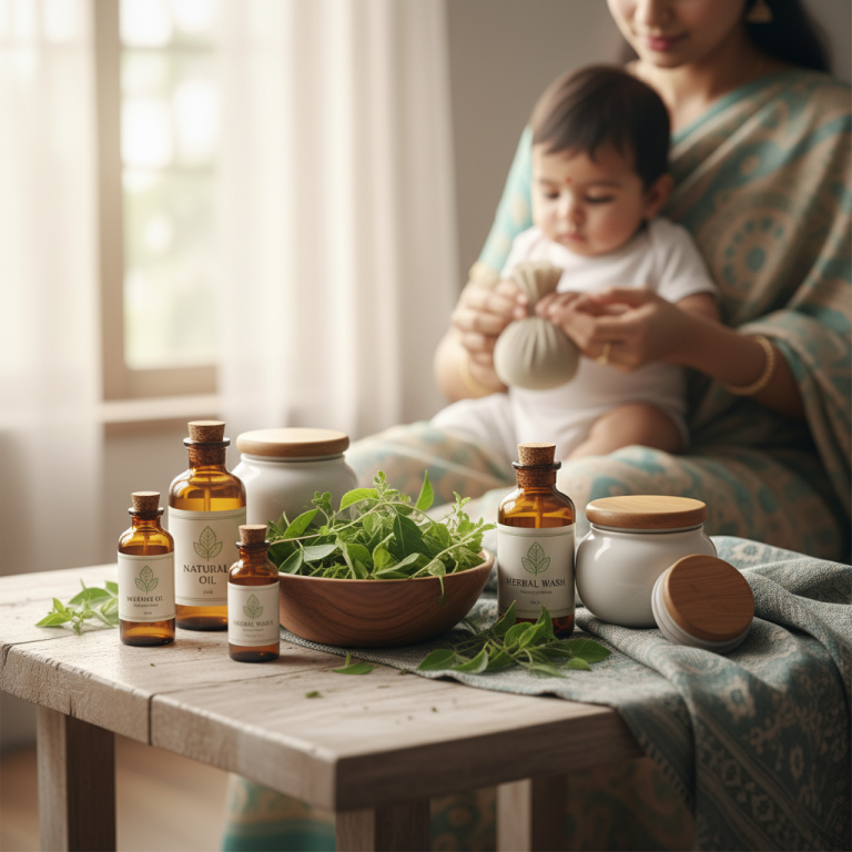 A close-up of amber bottles and jars with herbal baby care labels, fresh green leaves, and a blurred mother holding a baby in the background.