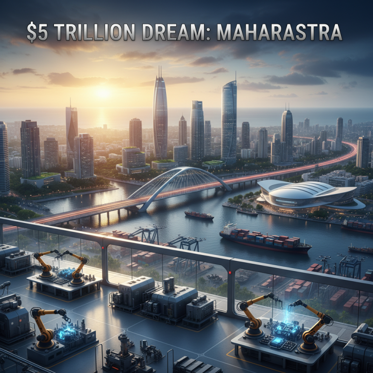 A modern cityscape with manufacturing robots and a port, symbolizing Maharashtra's economic ambitions.