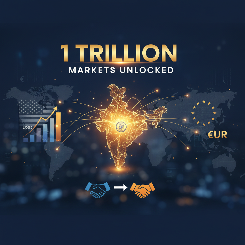 A professional image illustrating India's trade growth with the US and EU, featuring maps, currency symbols, and a handshake icon.